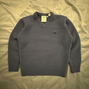 Vintage 90s Timberland Sweater Lambswool V Neck Pullover Navy Blue Mens M